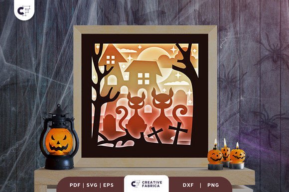Spooky Elegance: The Halloween Black Cat 3D Light Box SVG