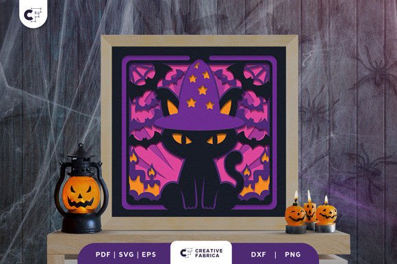 Unleash Magic This October with the Halloween Wizard Cat 3D Shadow Box SVG